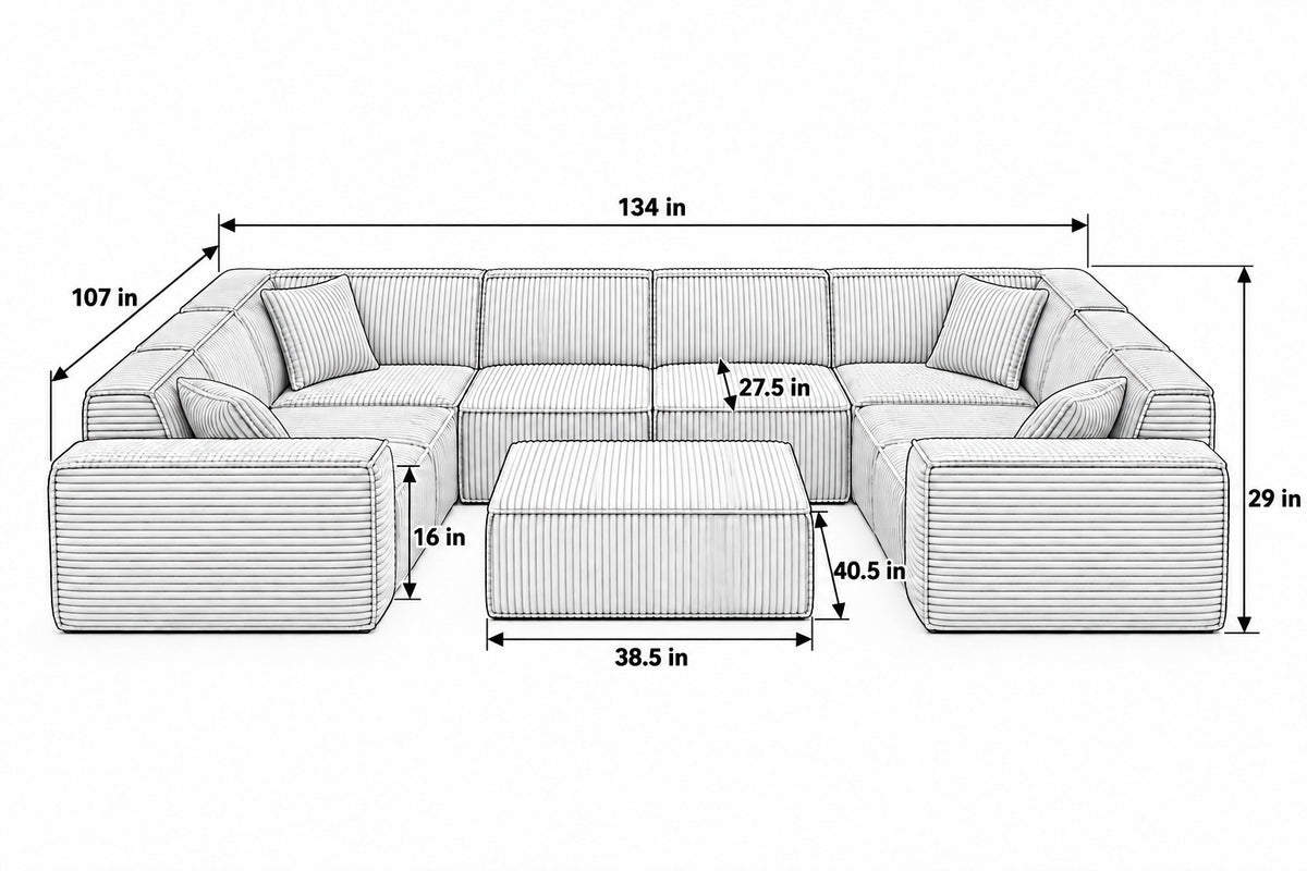 6 Seater U dimensions with ottoman