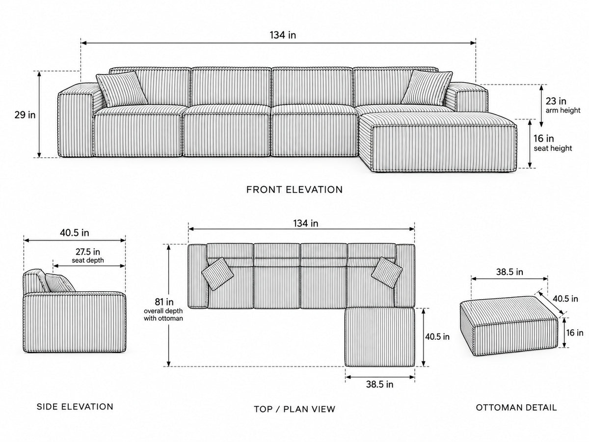 4 places [ Ecomluxx ] dimensions with ottoman
