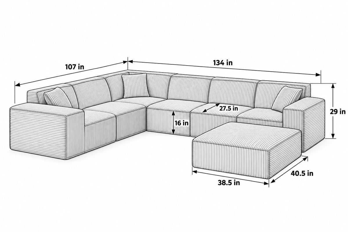 5 places avec angle en L dimensions with ottoman