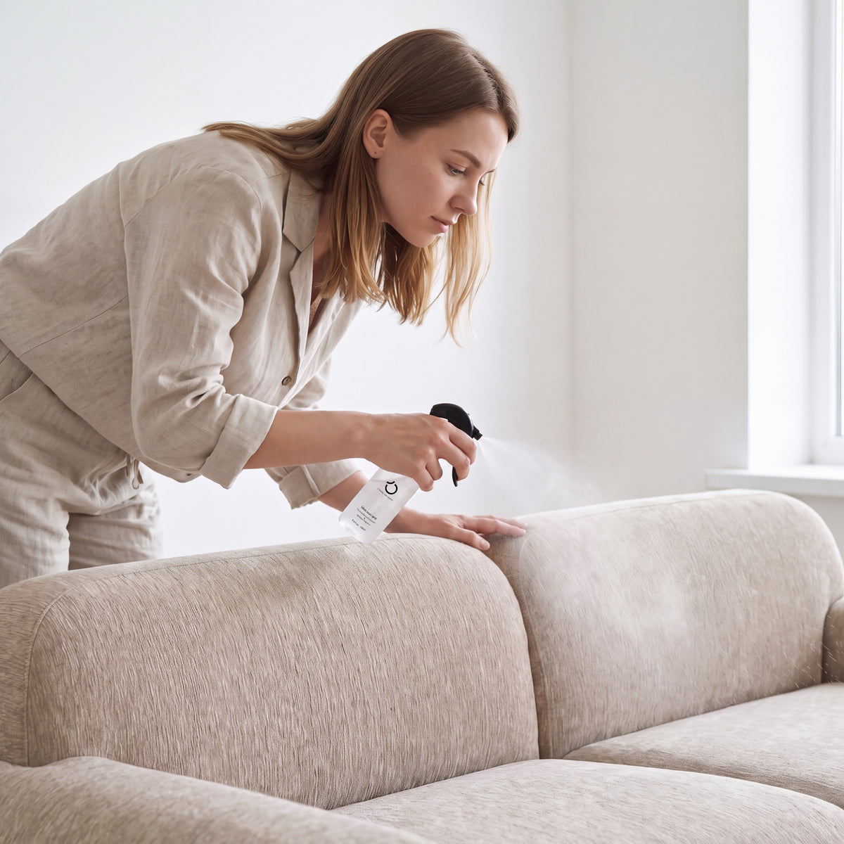 Fabric Care Spray in use on an O'Cloudy sofa