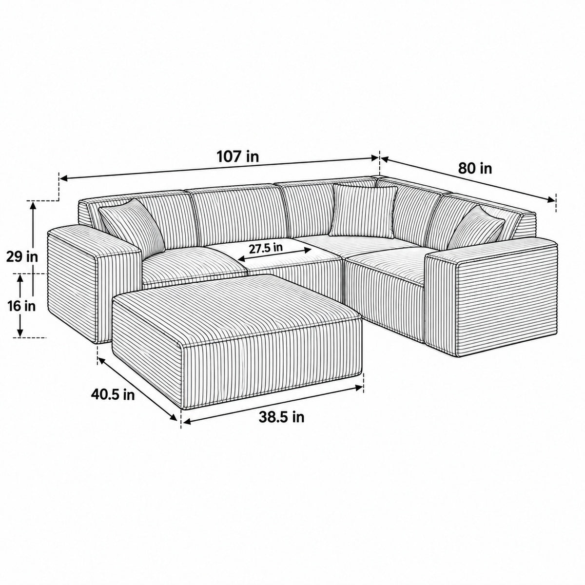 3 Seater with corner R dimensions with ottoman