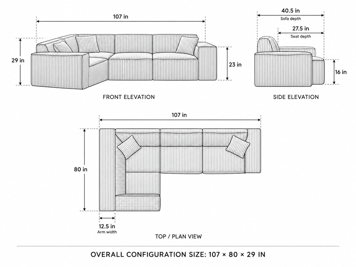 Canapé d'angle 3 places [ Ecomluxx ] dimensions