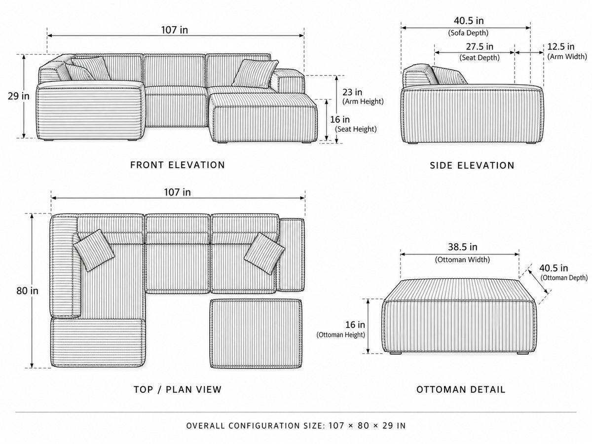 Canapé d'angle 3 places en L dimensions with ottoman